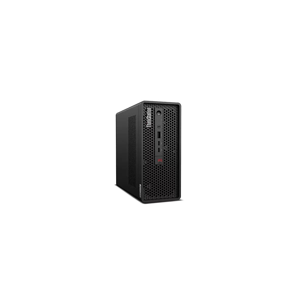 Ein schwarzer Lenovo ThinkStation PC. Die Vorderseite zeigt das Logo und die Bezeichnung ThinkStation.