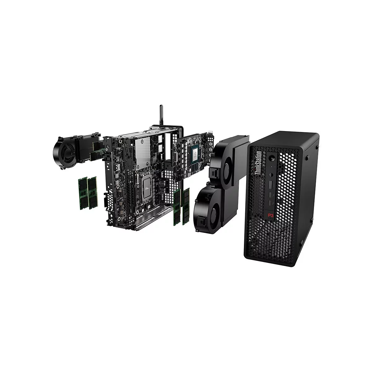 Explosionszeichnung eines Desktop-Computers mit herausgenommenen Komponenten.