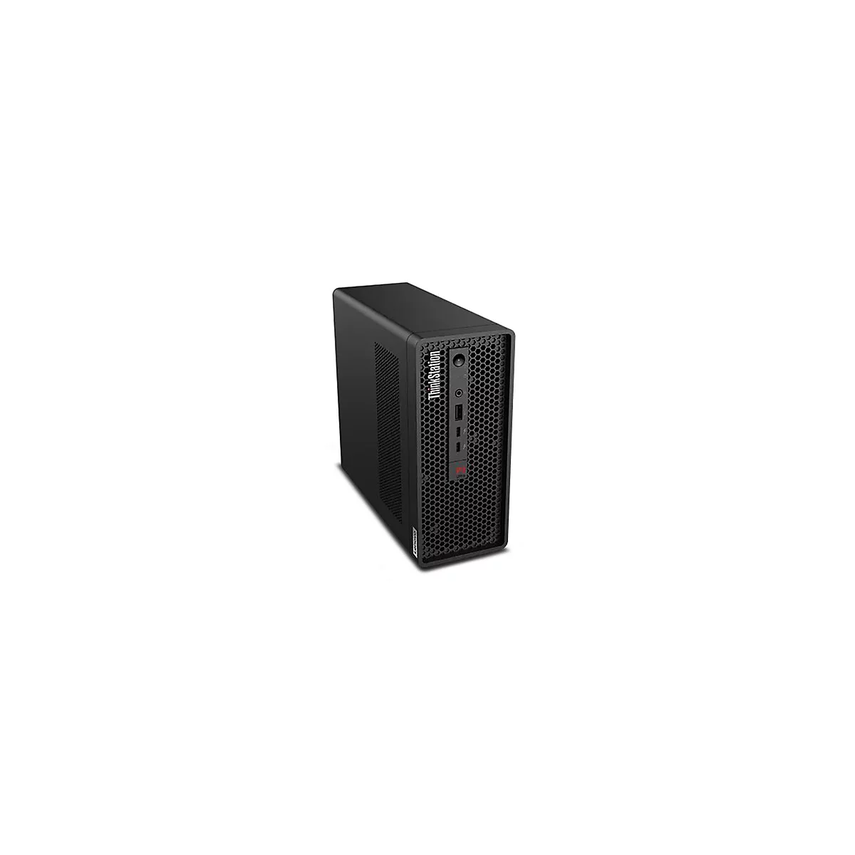 Schwarzer Lenovo ThinkStation PC vor weiÃŸem Hintergrund. Frontansicht mit ThinkStation Logo.