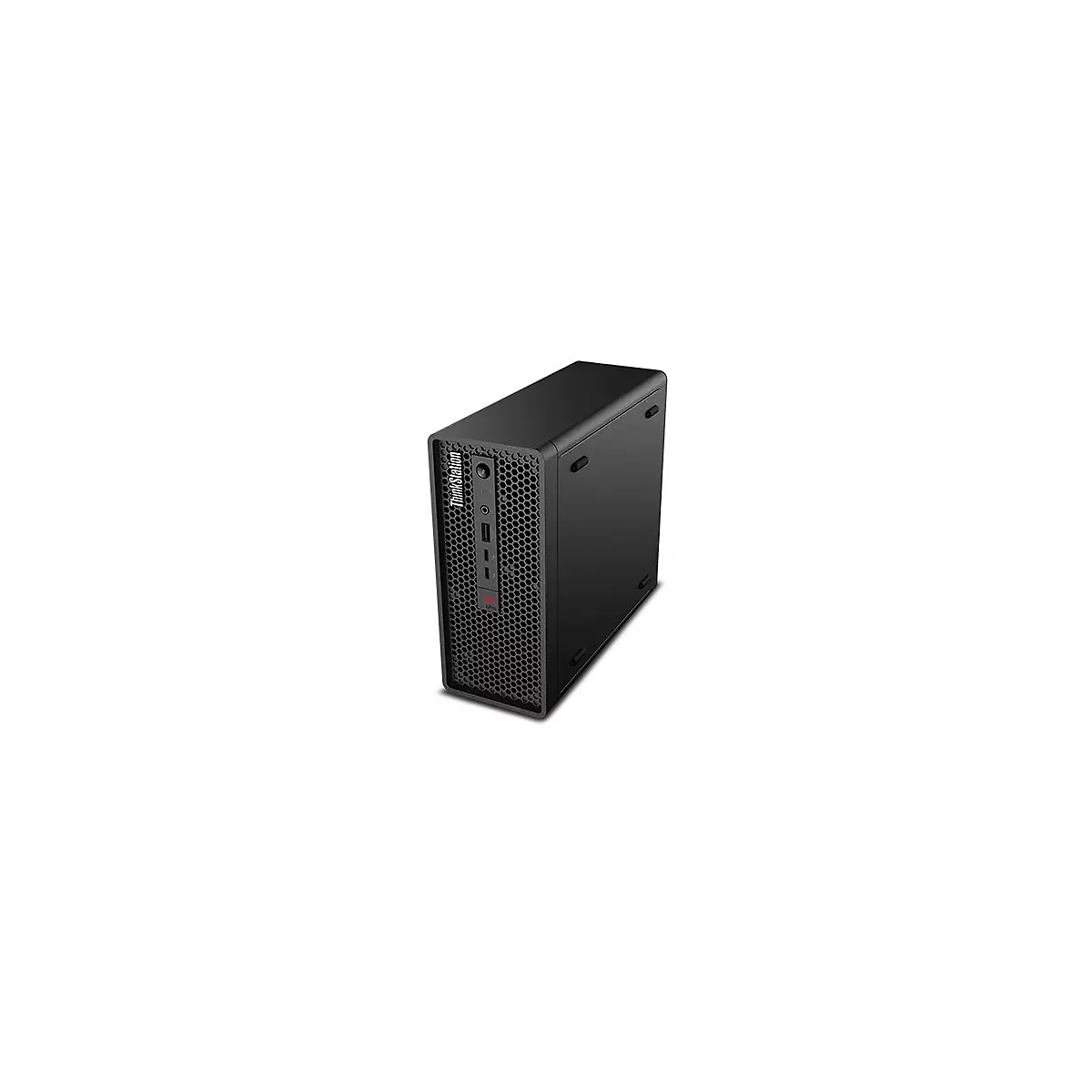 Schwarzer Tower-PC ThinkStation mit Lochmuster und AnschlÃ¼ssen auf der Vorderseite, Text: ThinkStation.