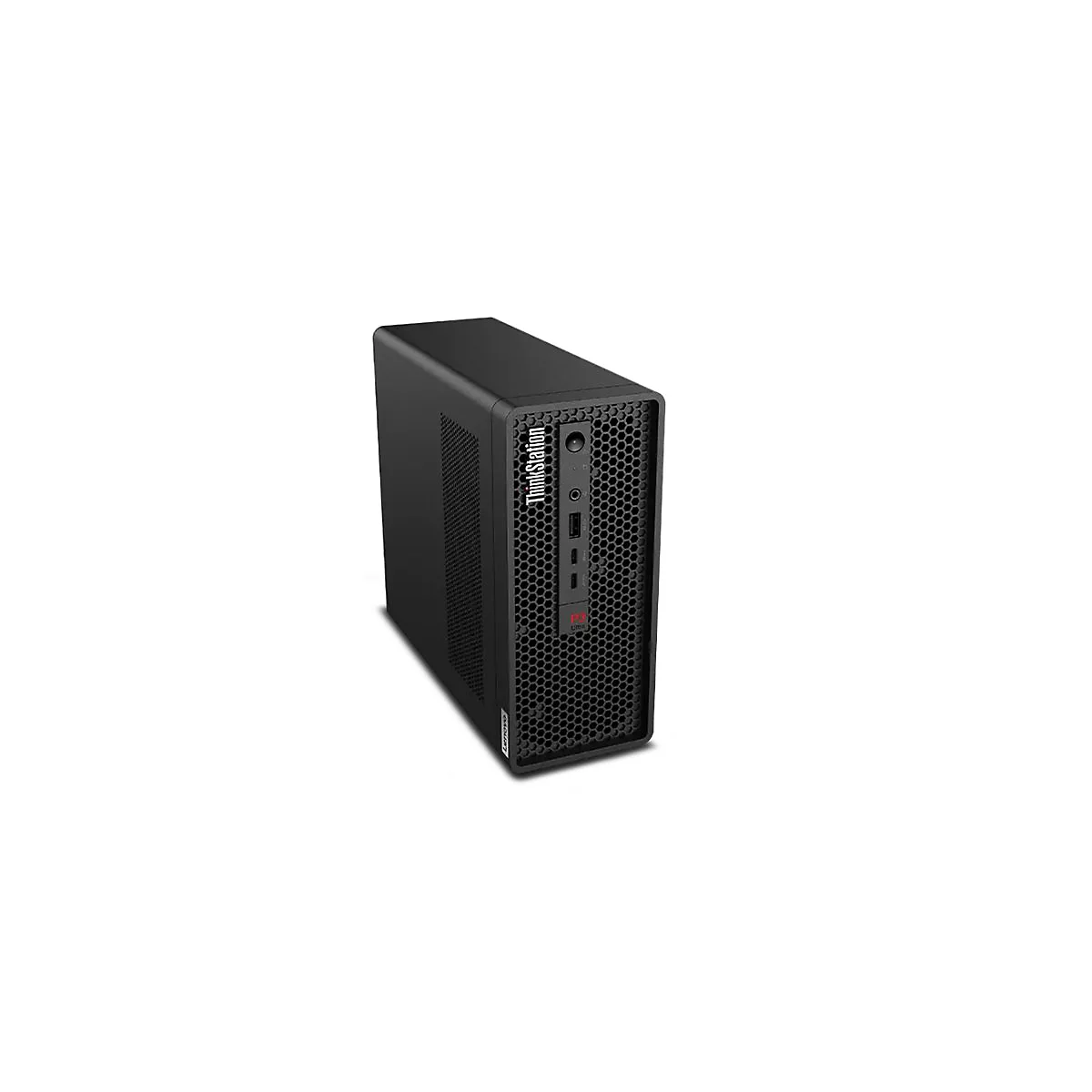 PC noir Lenovo ThinkStation. Les ports sont visibles à l'avant avec le logo ThinkStation.