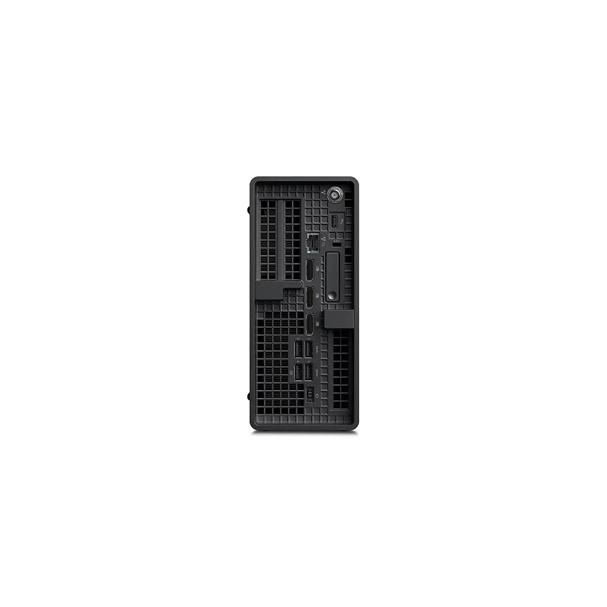 Arrière d'un PC de bureau noir avec ports et fentes de ventilation.