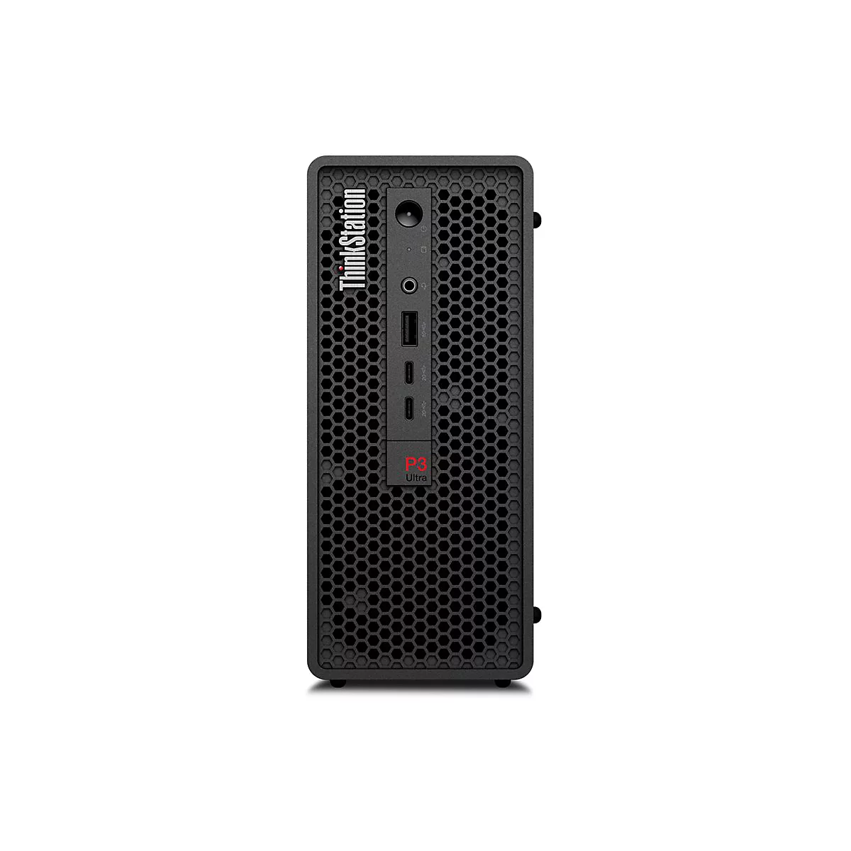Un PC de bureau noir Lenovo ThinkStation P3 Ultra sur fond blanc. Avec le logo ThinkStation et le texte P3 Ultra.