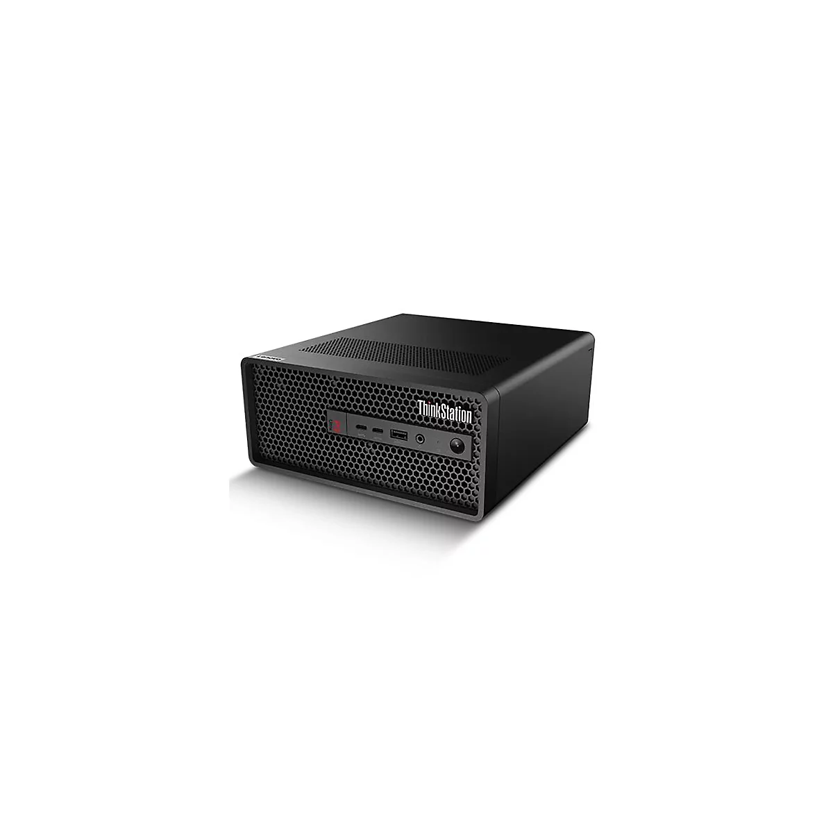 PC Lenovo ThinkStation noir avec façade en nid d'abeilles. Inscription "ThinkStation" et ports visibles.