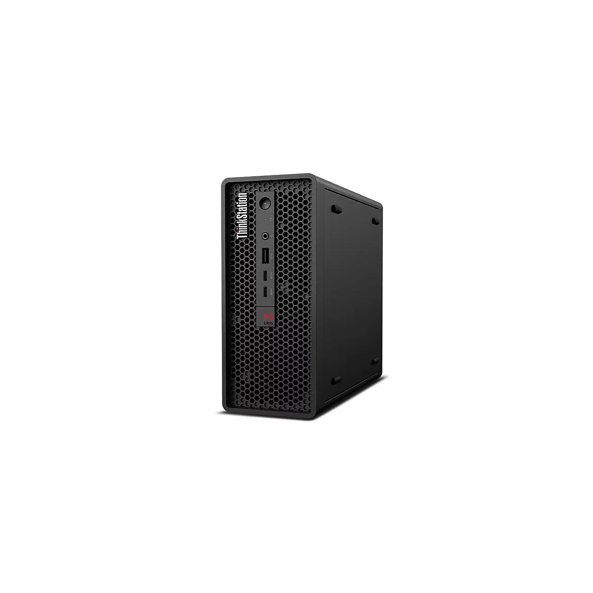 PC tour noir, vue de face, avec logo ThinkStation, ports et motif en grille.