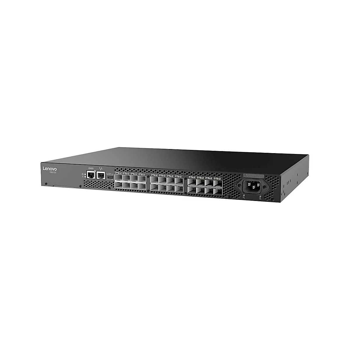 Schwarzer Lenovo DB610S Netzwerk-Switch vor weißem Hintergrund mit zahlreichen LAN-Anschlüssen.