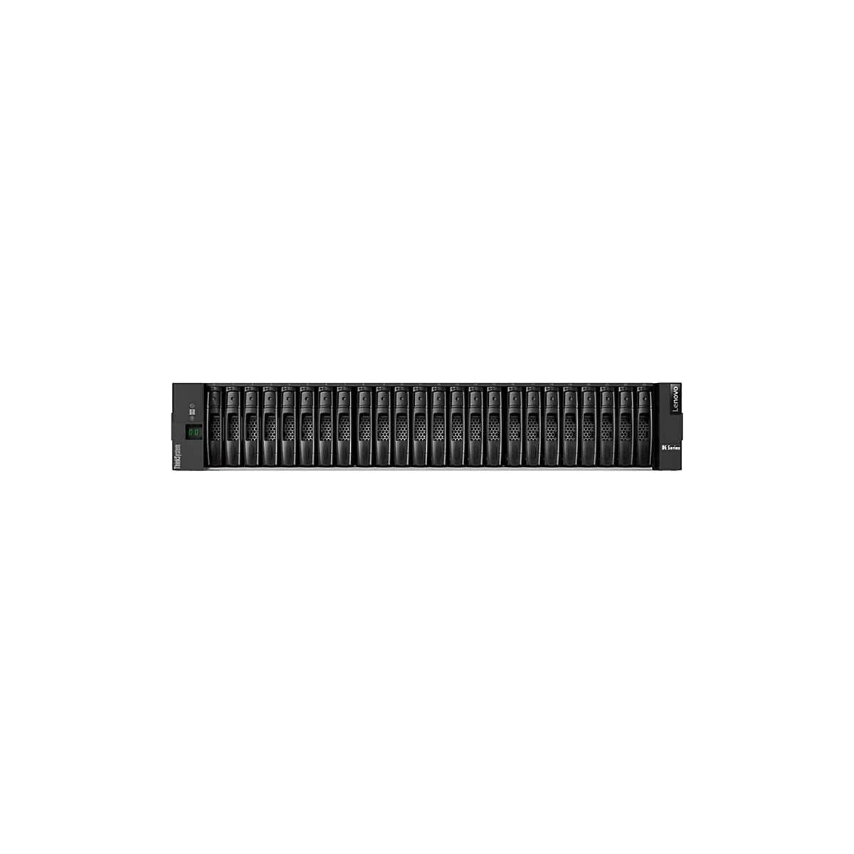 Ein schwarzes Lenovo ThinkSystem-Server-Rack mit zahlreichen Einschüben.