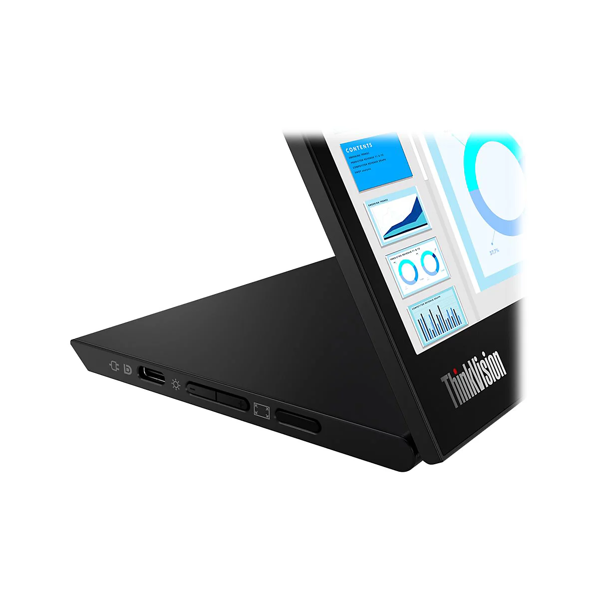 Schwarzer ThinkVision-Monitor mit Präsentation auf dem Bildschirm, der teilweise geöffnet ist.