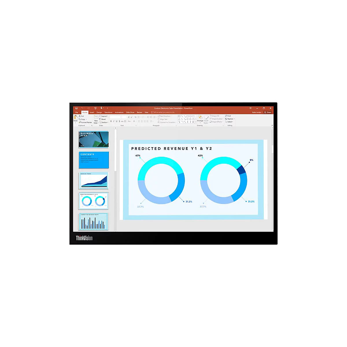 Un moniteur affiche une présentation PowerPoint avec des graphiques et du texte. ThinkVision est écrit en bas.