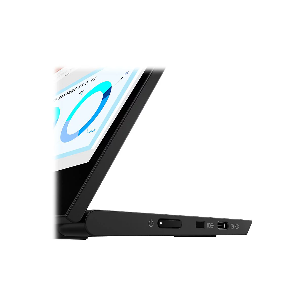 Gros plan sur un ordinateur portable noir avec un écran ouvert affichant des graphiques. L'alimentation, l'USB et d'autres ports se trouvent sur le côté.
