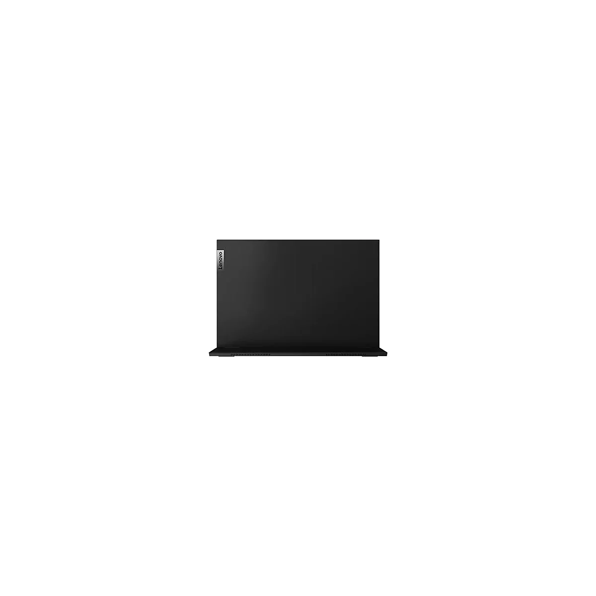 Ordinateur portable Lenovo noir, vue arrière. Petit logo en haut à gauche.
