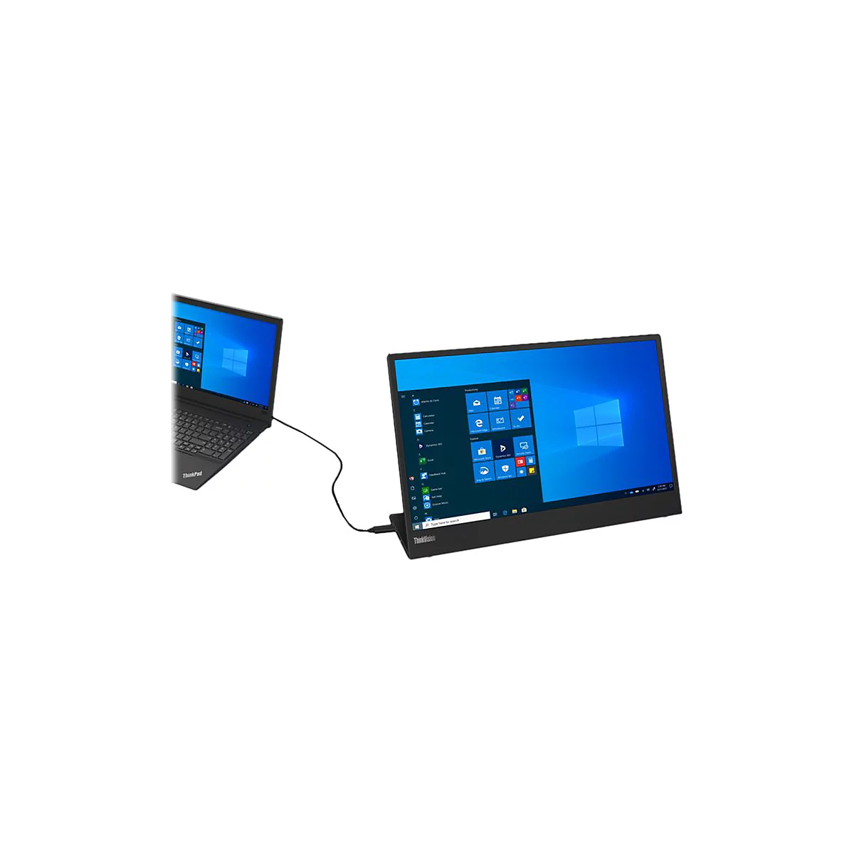 Moniteur ThinkVision noir connecté à un ordinateur portable ThinkPad. Les deux appareils affichent l'écran de démarrage de Windows.