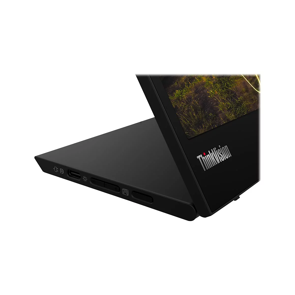 Nahaufnahme eines schwarzen ThinkVision-Bildschirms, teilweise geöffnet. Auf der unteren Kante befinden sich Anschlüsse und Tasten.