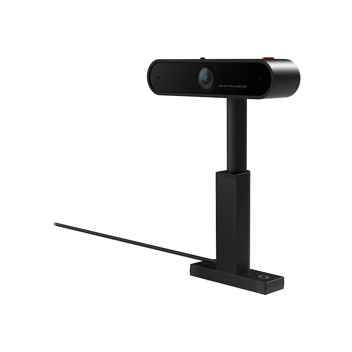 Schwarze Webcam mit länglichem Kopf, auf einem schwarzen Ständer mit Kabel.