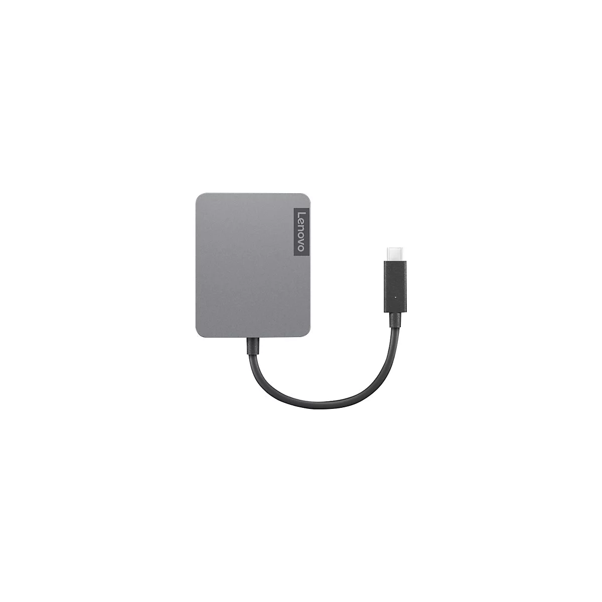 Adaptateur USB-C Lenovo gris. Le logo Lenovo figure sur la surface rectangulaire. CÃ¢ble USB-C connectÃ©.