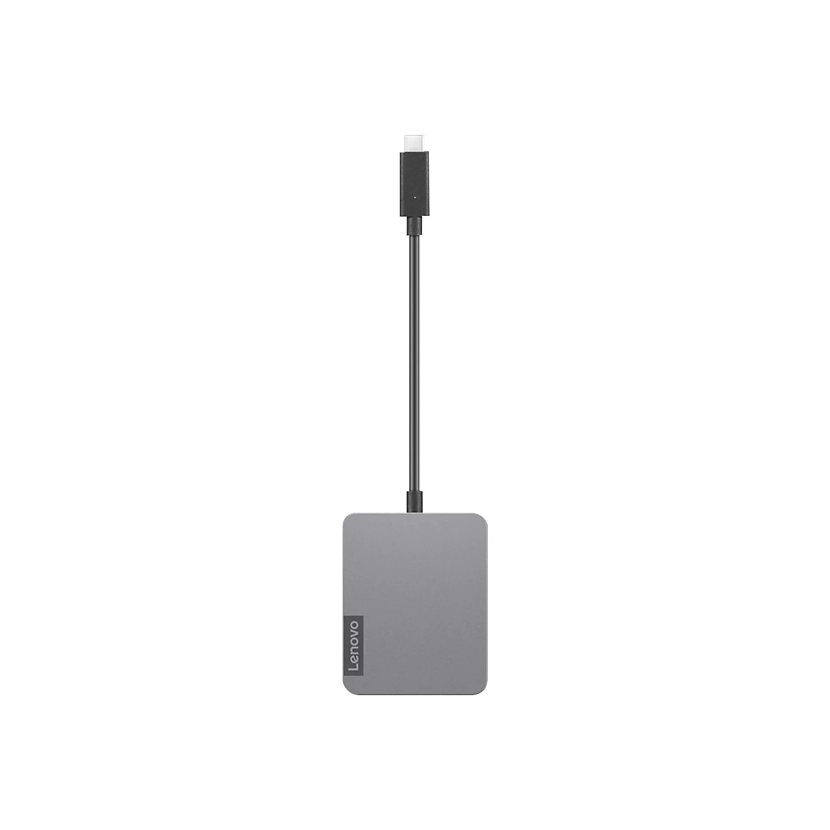 Hub USB-C gris Lenovo avec cÃ¢ble noir suspendu sur fond blanc.