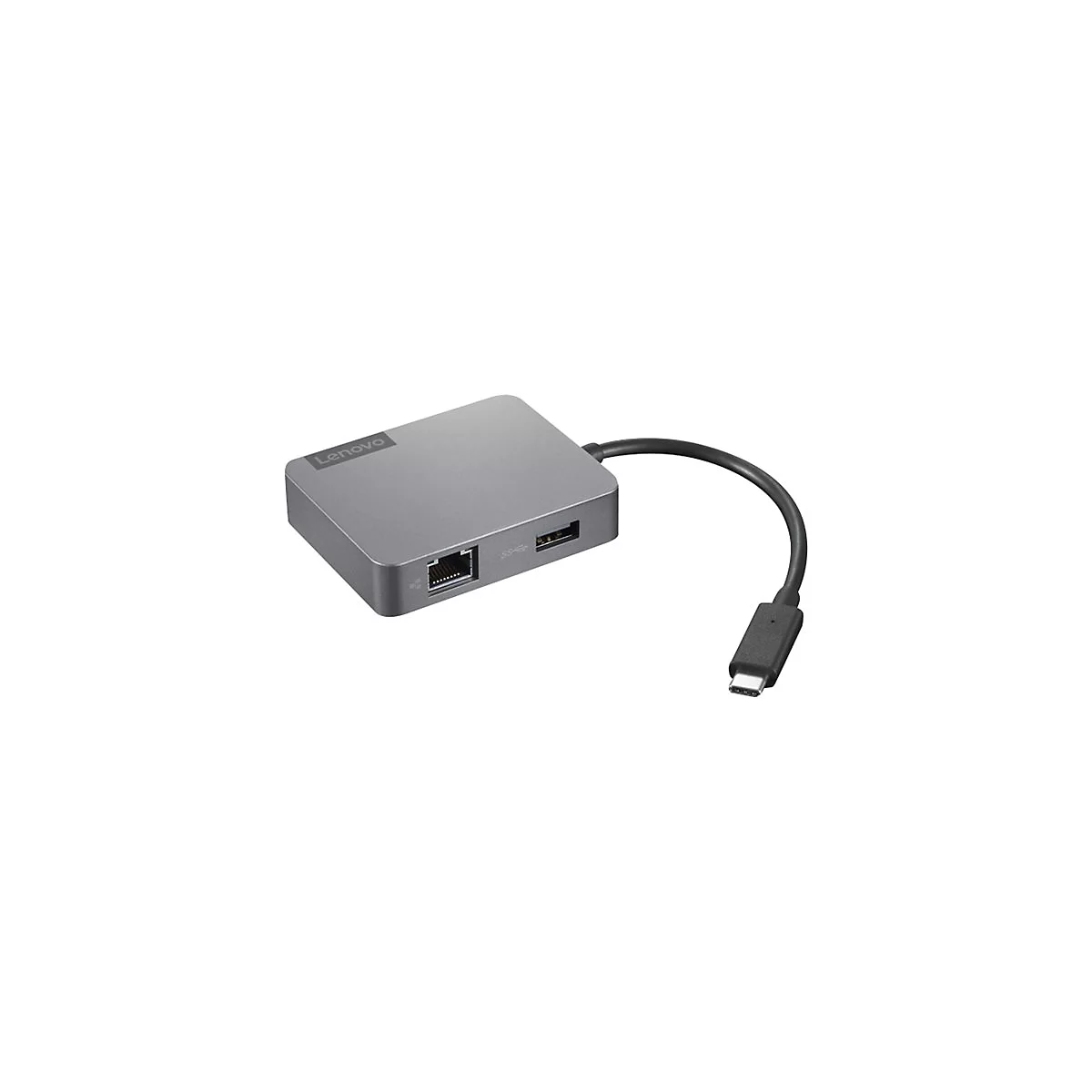 Hub USB-C Lenovo gris, avec logo et ports pour Ethernet, USB et alimentation.