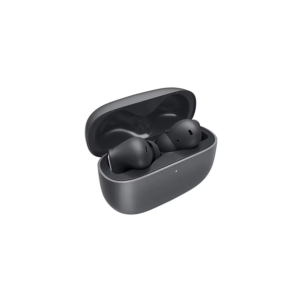 Dunkelgraue kabellose Ohrhörer mit Ladecase, geöffnet. Die Ohrhörer sind im Case platziert.