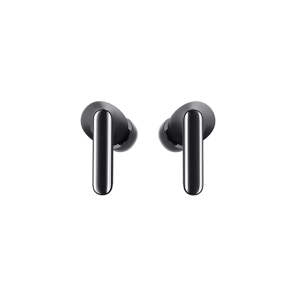 Zwei schwarze In-Ear-Kopfhörer mit glänzendem Design vor weißem Hintergrund.