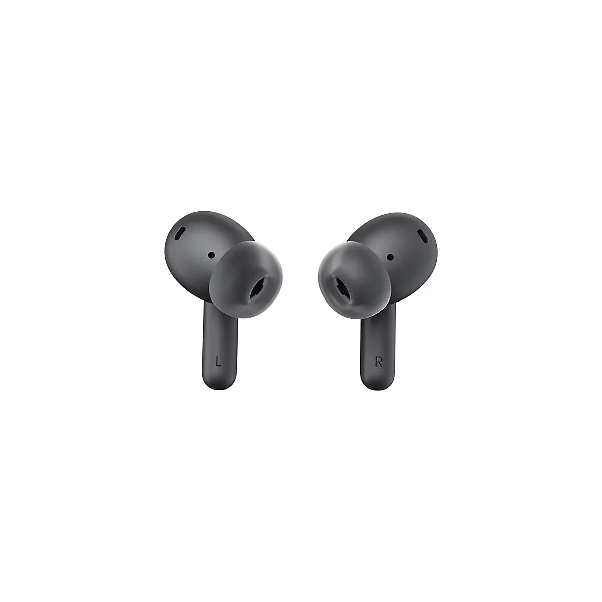 Zwei schwarze In-Ear-Kopfhörer mit Silikonaufsätzen vor weißem Hintergrund. Die Stäbchen sind mit L und R markiert.