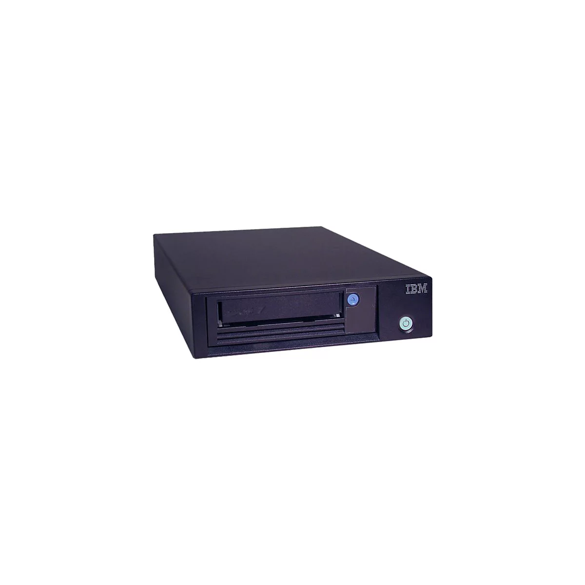 Schwarzes IBM-Laufwerk; Schacht für Datenträger, Einschalter.