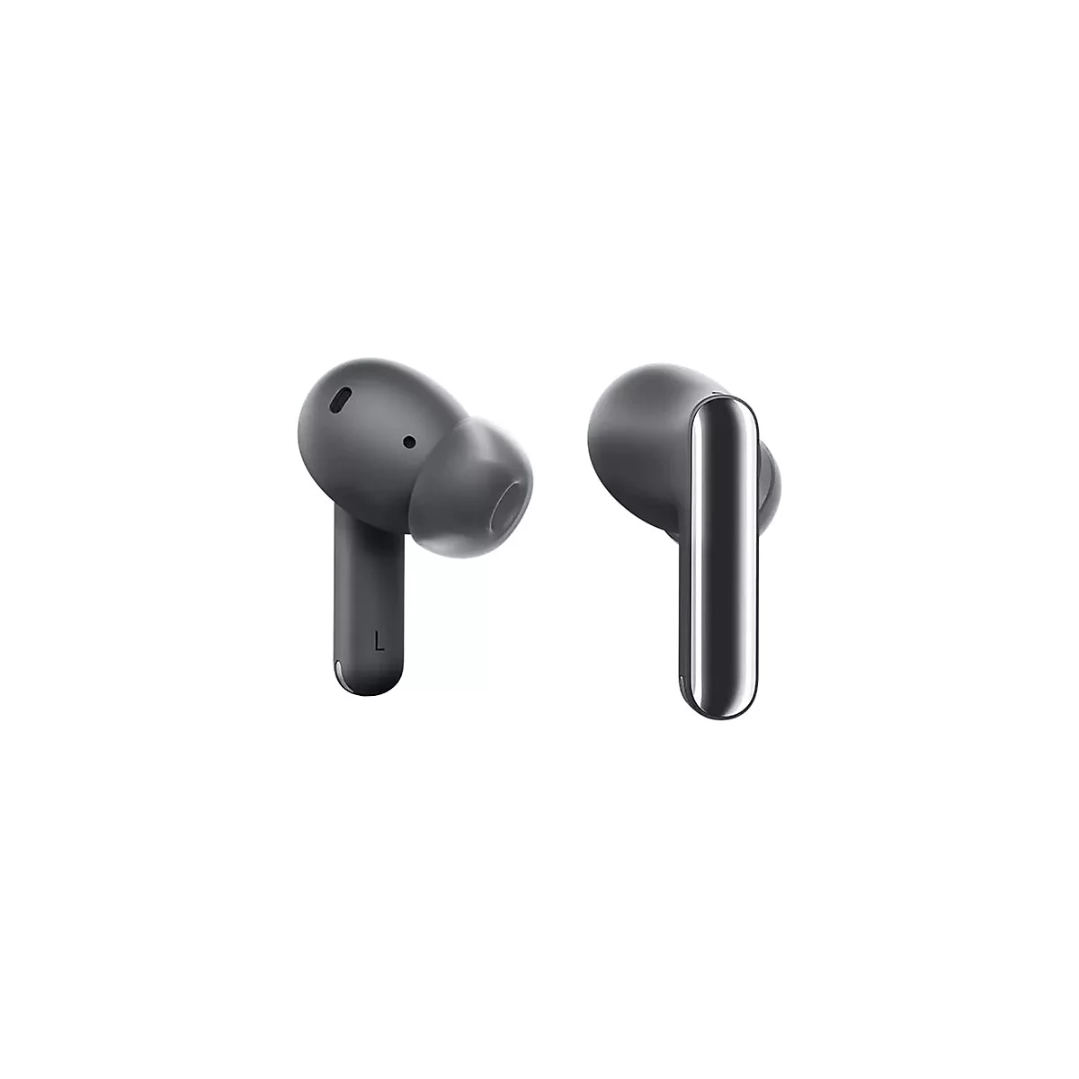 Gros plan sur deux écouteurs sans fil gris. Les deux présentent une forme élégante, une tige et la lettre "L".