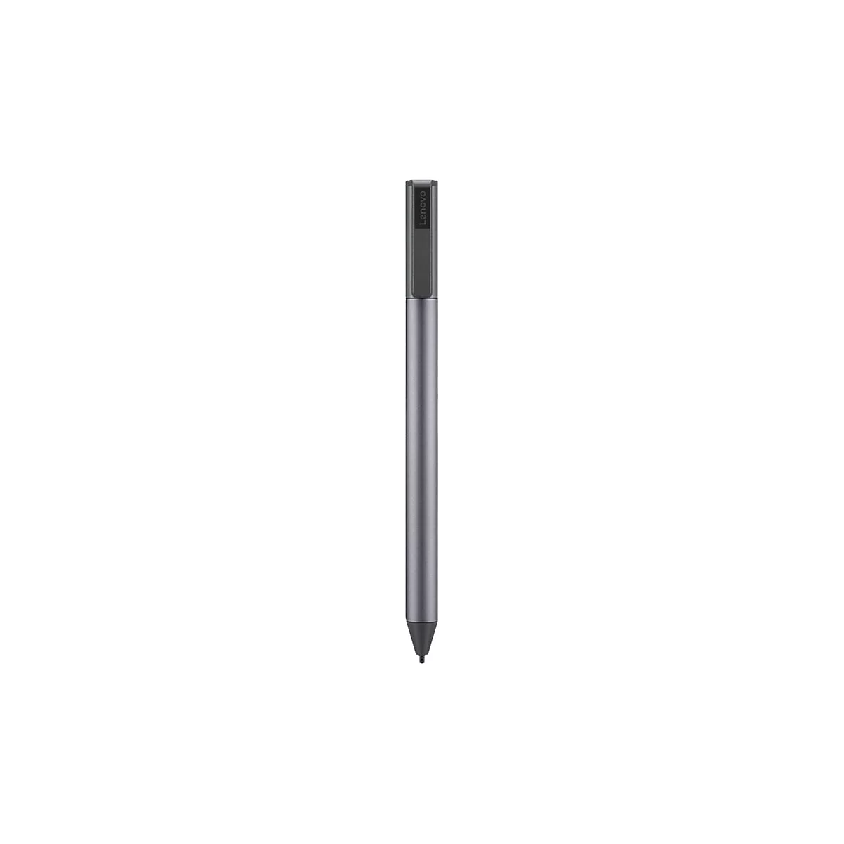 Grauer Lenovo Digitalstift vor weißem Hintergrund mit Firmenlogo auf dem oberen Ende.