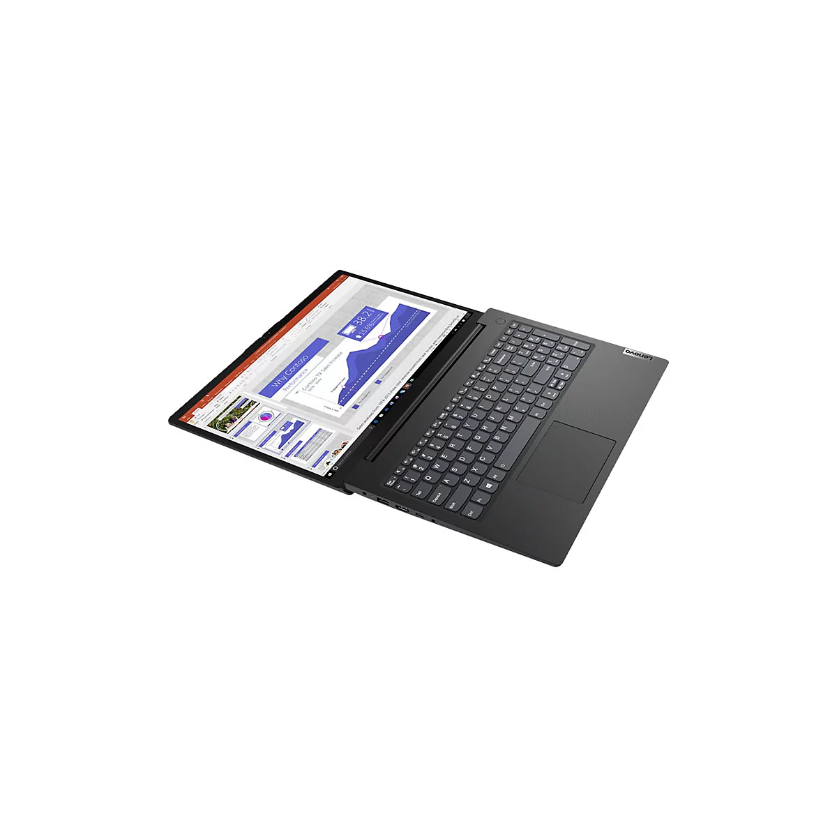 Ein schwarzer Laptop ist geöffnet, der Bildschirm zeigt ein Diagramm. Auf der Tastatur liegt das Logo von Lenovo.