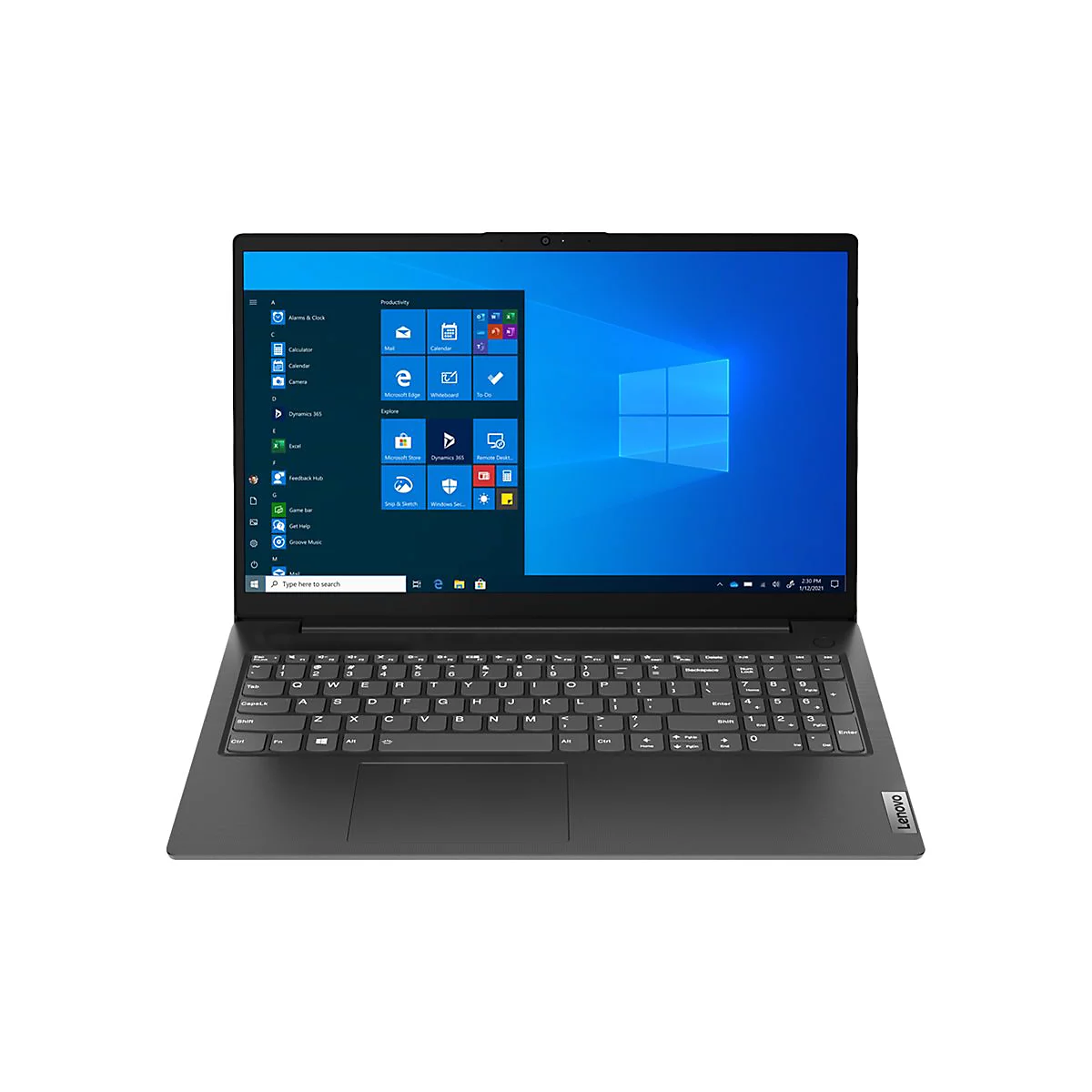 Ein Laptop der Marke Lenovo, auf dem der Windows-Startbildschirm zu sehen ist. Auf dem Bildschirm werden verschiedene Apps angezeigt. Die Tastatur ist im Vordergrund.