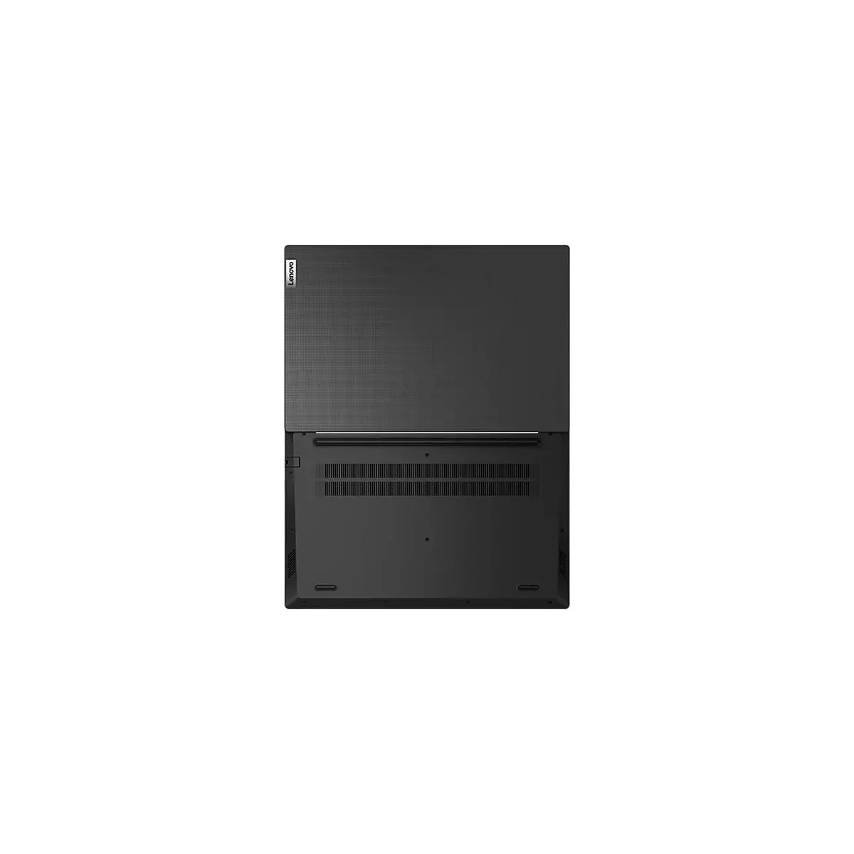 Schwarzer Laptop von oben gesehen, Deckel leicht geöffnet. Auf dem Deckel steht Lenovo.