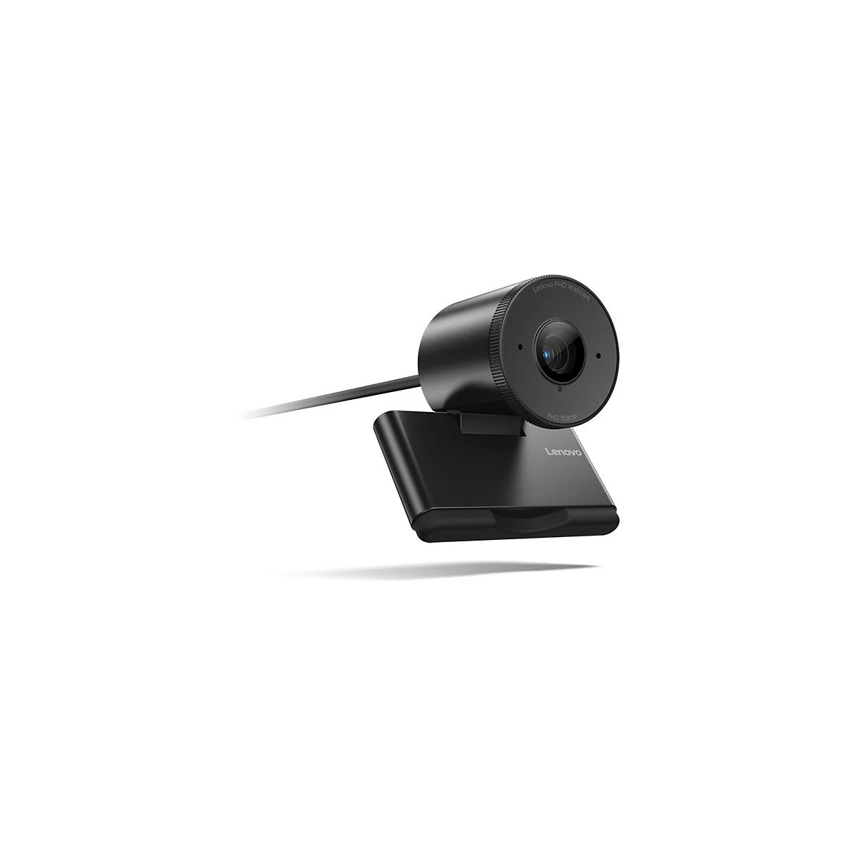 Schwarze Lenovo Webcam, Nahaufnahme, vorne. Oberhalb des Objektivs ist "Lenovo FHD Webcam" zu lesen, darunter "FHD 1080P".
