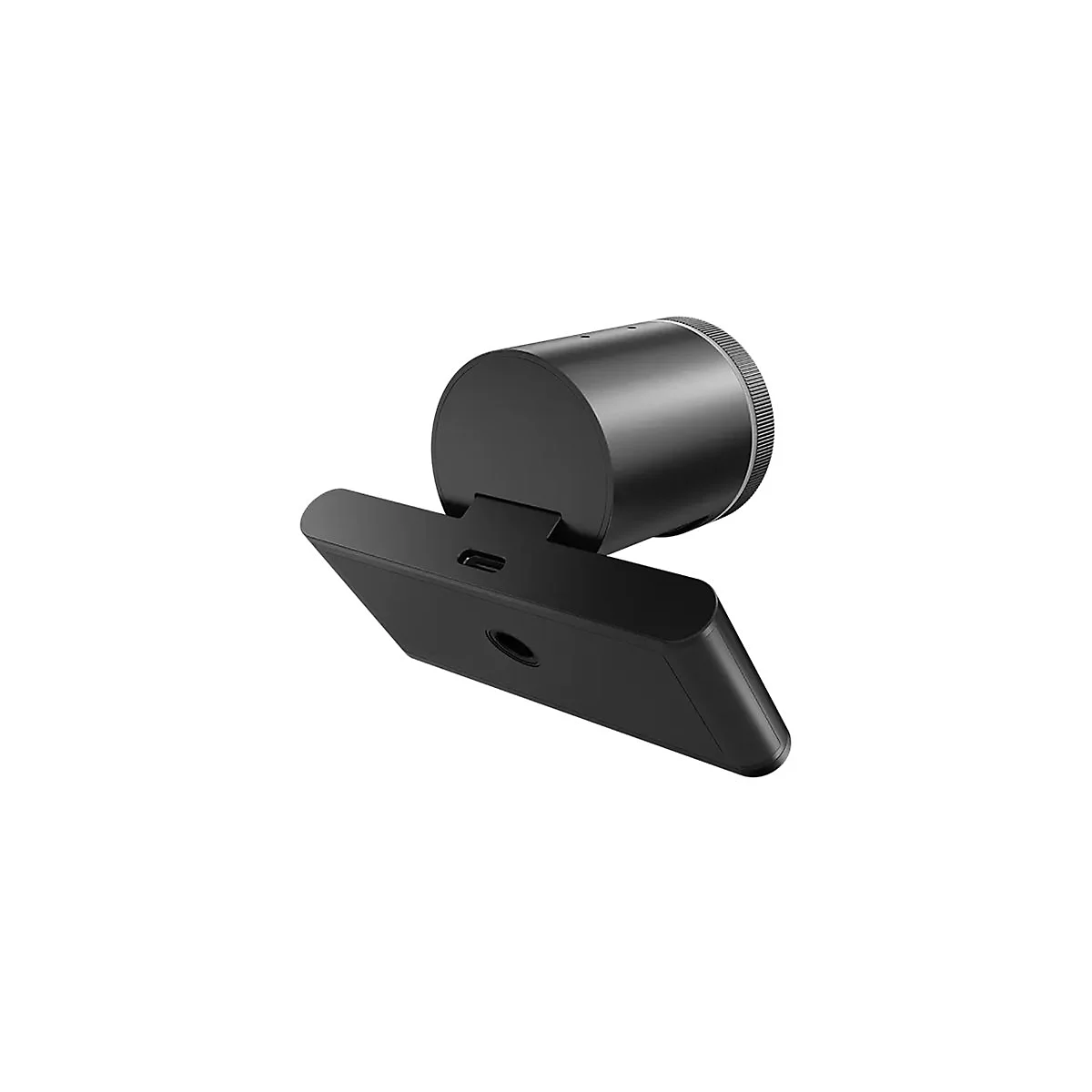 Schwarze Webkamera, geneigt vor weißem Hintergrund. Zylindrischer Korpus mit geriffeltem Ring, rechteckiger Fuß mit USB-C.