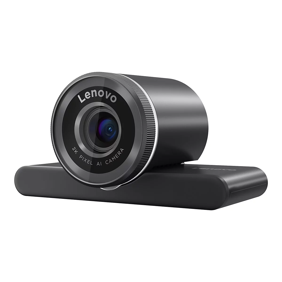 Eine schwarze Lenovo Webcam mit einem kreisförmigen Objektiv. Der Schriftzug "Lenovo" und "2K Pixel AI Camera" sind sichtbar.
