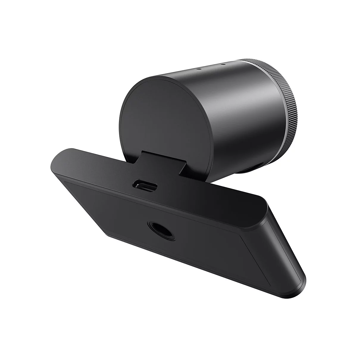 Schwarze Kamera mit rundem Korpus und rechteckigem Fuß. Details wie USB-C-Anschluss und Rillen am Kamerakopf.