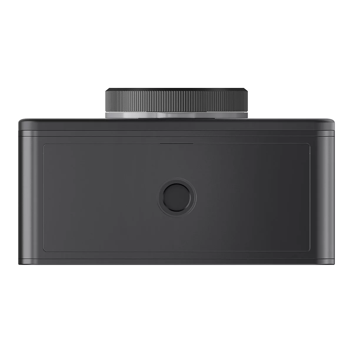 Dunkelgraue Actionkamera mit rundem Objektiv und geriffeltem Drehregler. Auf neutralem Hintergrund.