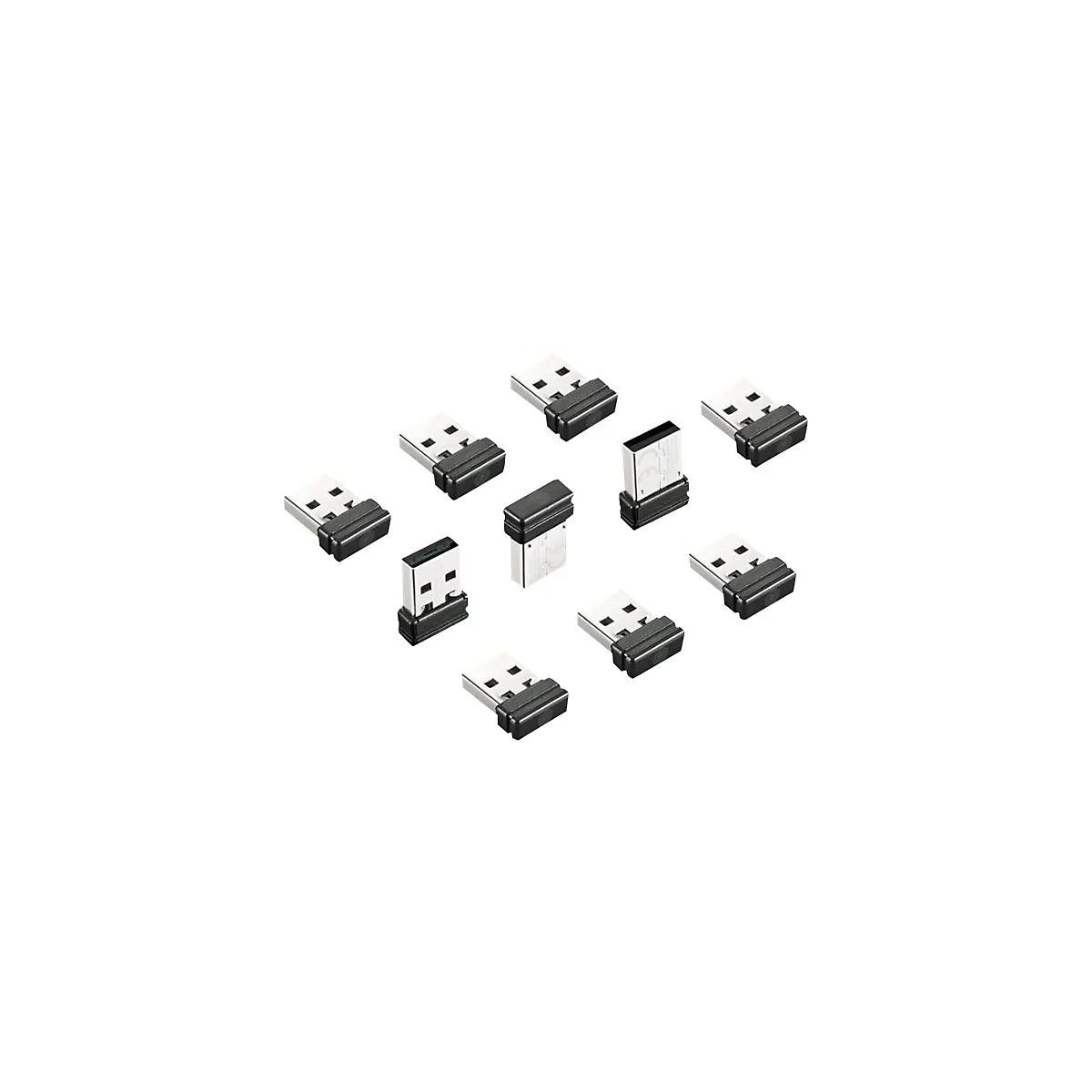 Mehrere USB-Dongle auf weißem Hintergrund, teilweise aufrecht.