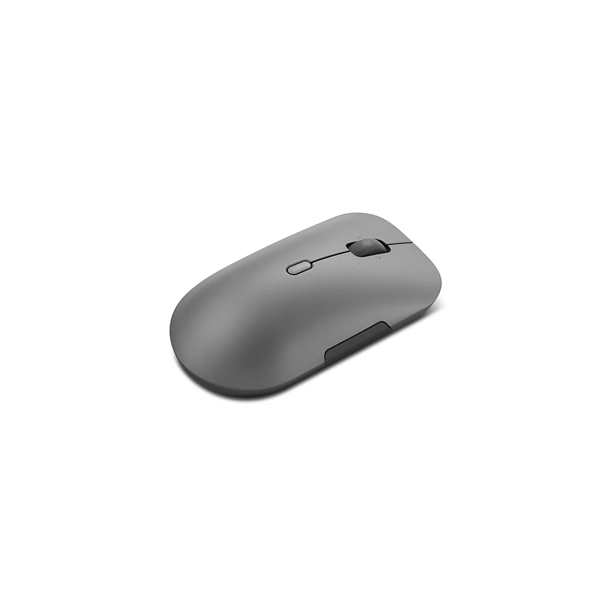 Souris d'ordinateur grise, de forme ergonomique. Avec molette de défilement et deux autres boutons, sur fond blanc.
