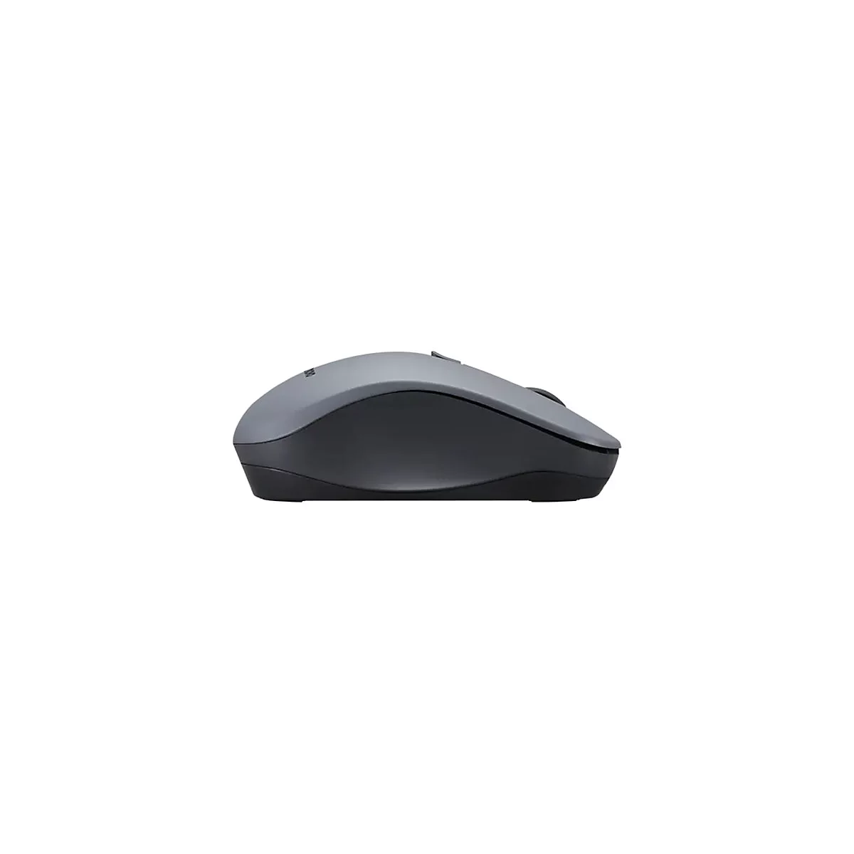 Graue, ergonomische Computermaus von Lenovo in Seitenansicht auf weißem Hintergrund.