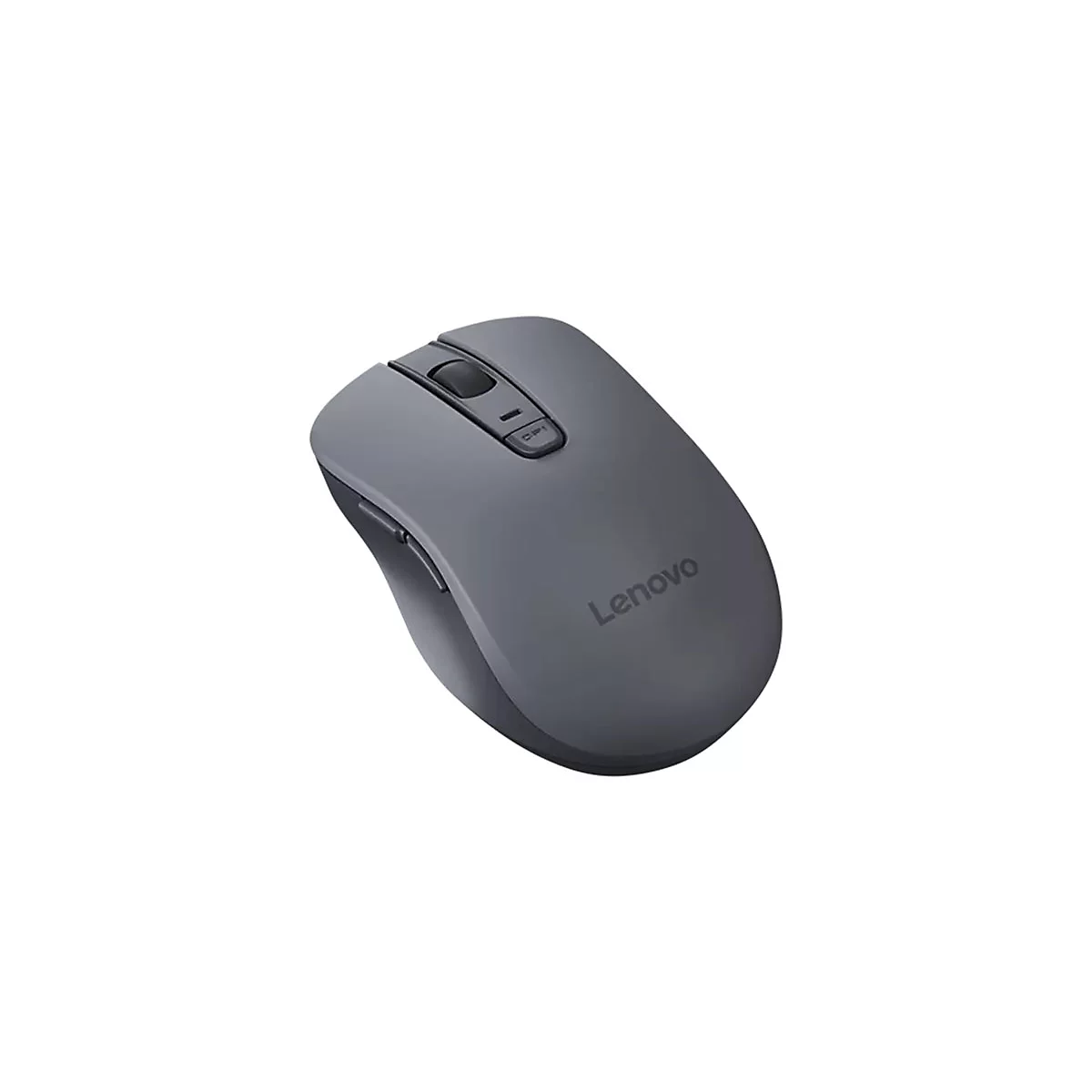 Dunkelgraue, ergonomische kabellose Lenovo Computermaus mit Scrollrad und DPI-Taste auf weißem Hintergrund.