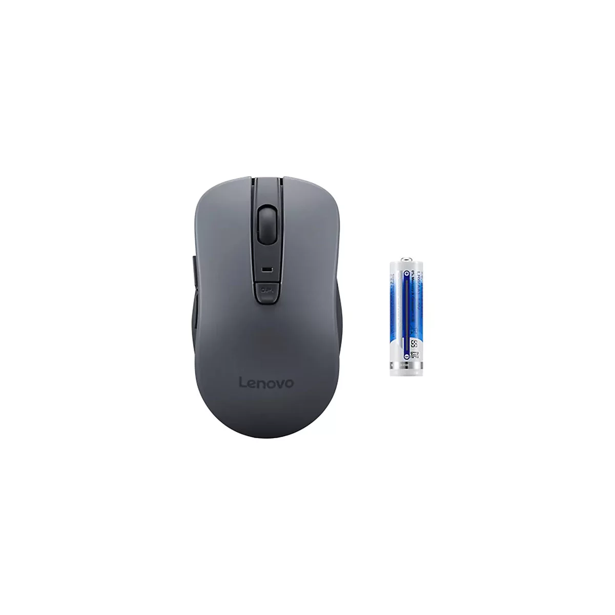 Dunkelgraue, kabellose Lenovo-Maus mit Mausrad und DPI-Taste, daneben eine einzelne AA-Batterie.