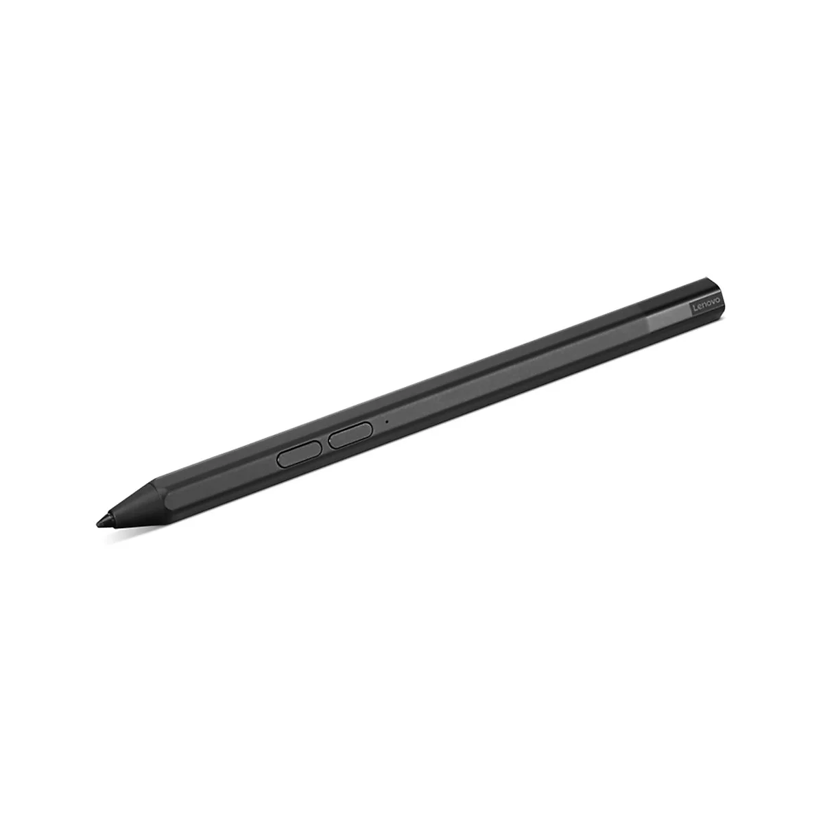 Stylo Lenovo noir. Le stylo a deux boutons, la pointe est inclinée et Lenovo est sur le côté.