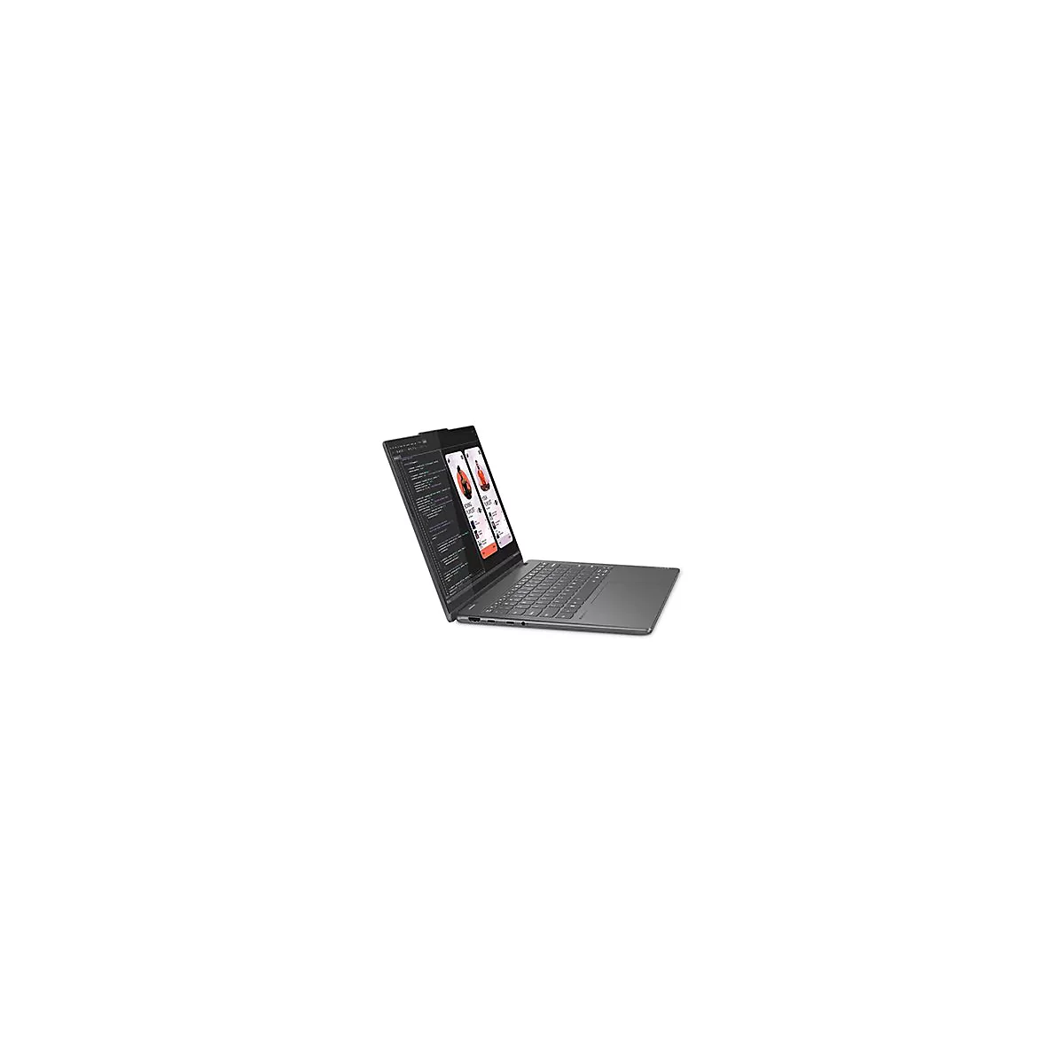 Dunkelgrauer Laptop in SchrÃ¤gansicht. Auf dem Bildschirm Code und zwei App-Screens mit Grafik. Auf weiÃŸem Grund.