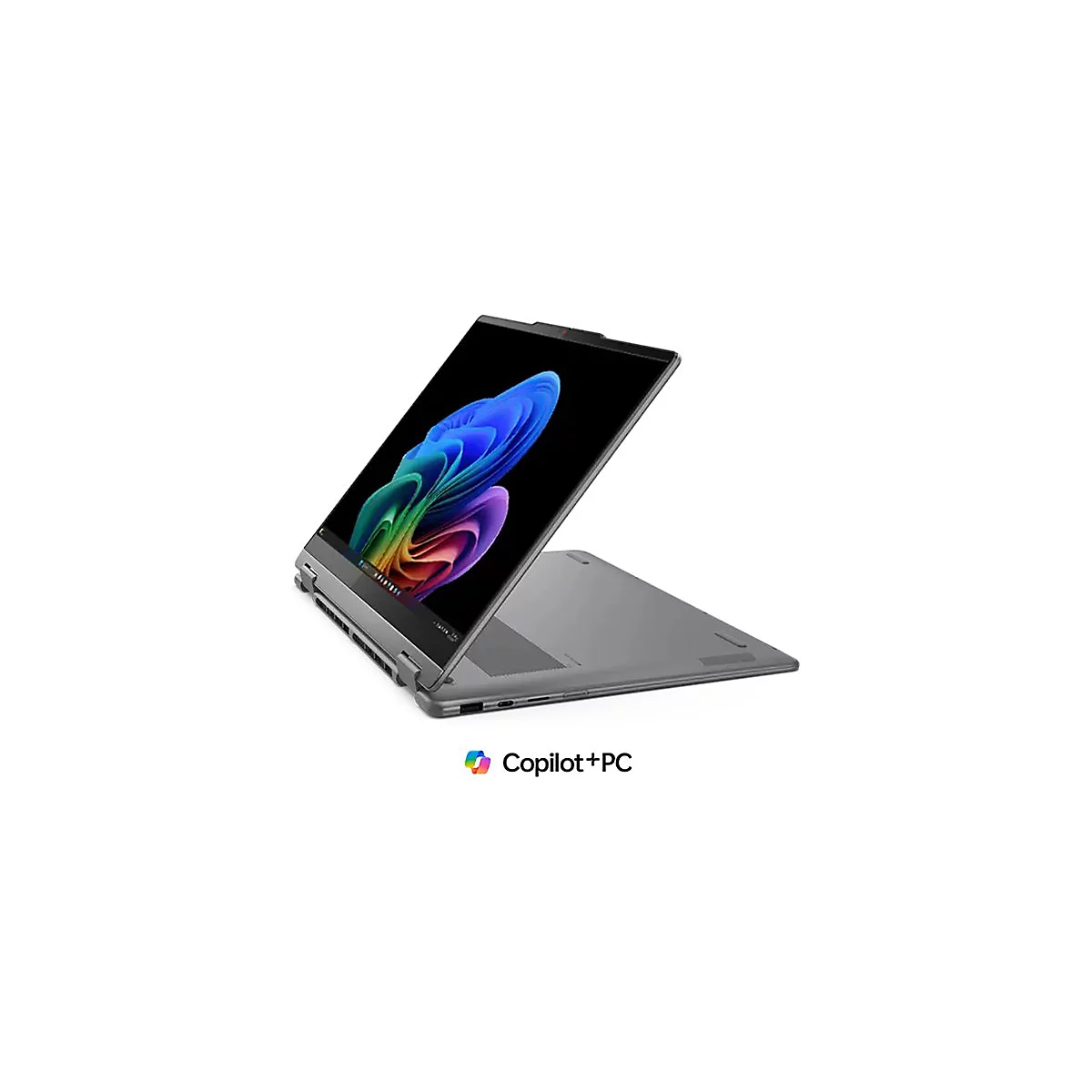 Grauer Laptop mit offenem Bildschirm, der einen farbigen Wirbel zeigt. Am unteren Rand steht "Copilot+PC".