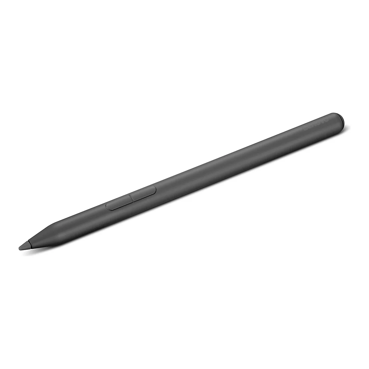 Un stylet Lenovo gris sur fond blanc. Le stylet a une forme allongée, un bouton et une pointe.