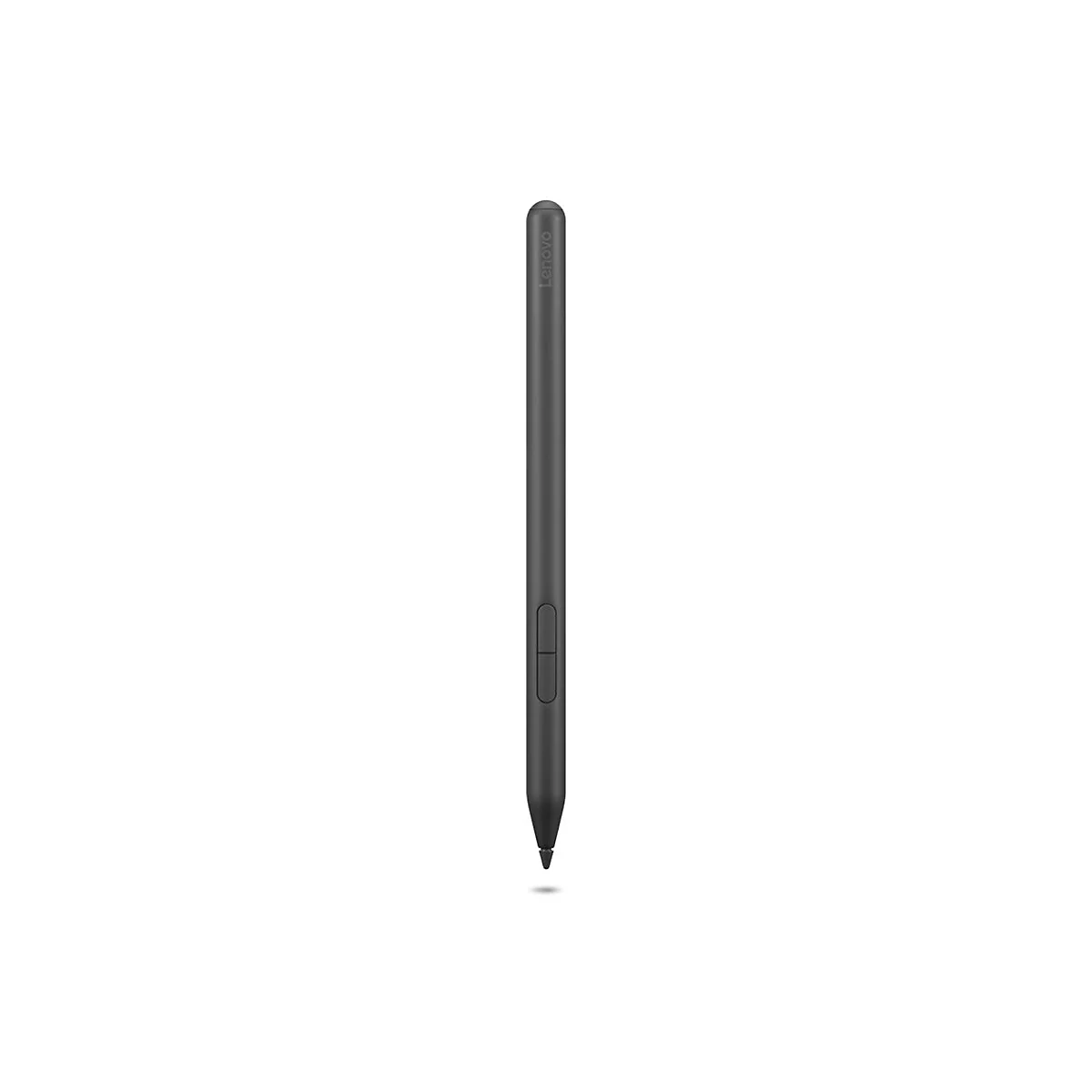 Stylet Lenovo gris foncé sur fond blanc. Le stylet a deux boutons, l'inscription "Lenovo" et une pointe fine.