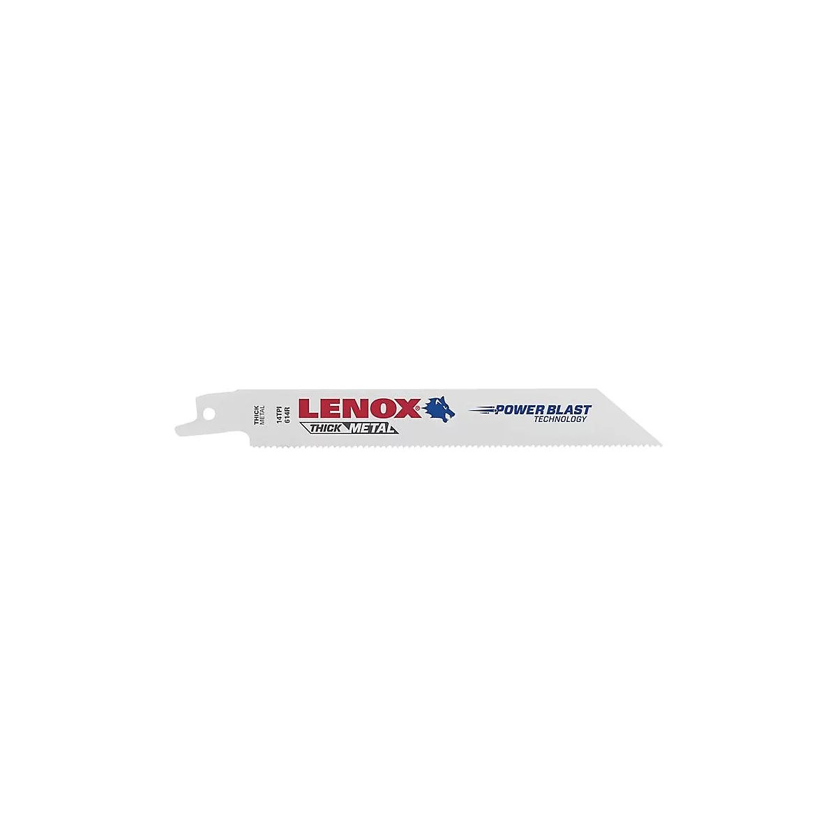Lame de scie Lenox avec lettrage rouge. 'Thick Metal' et 'Power Blast Technology' sont écrits dessus.