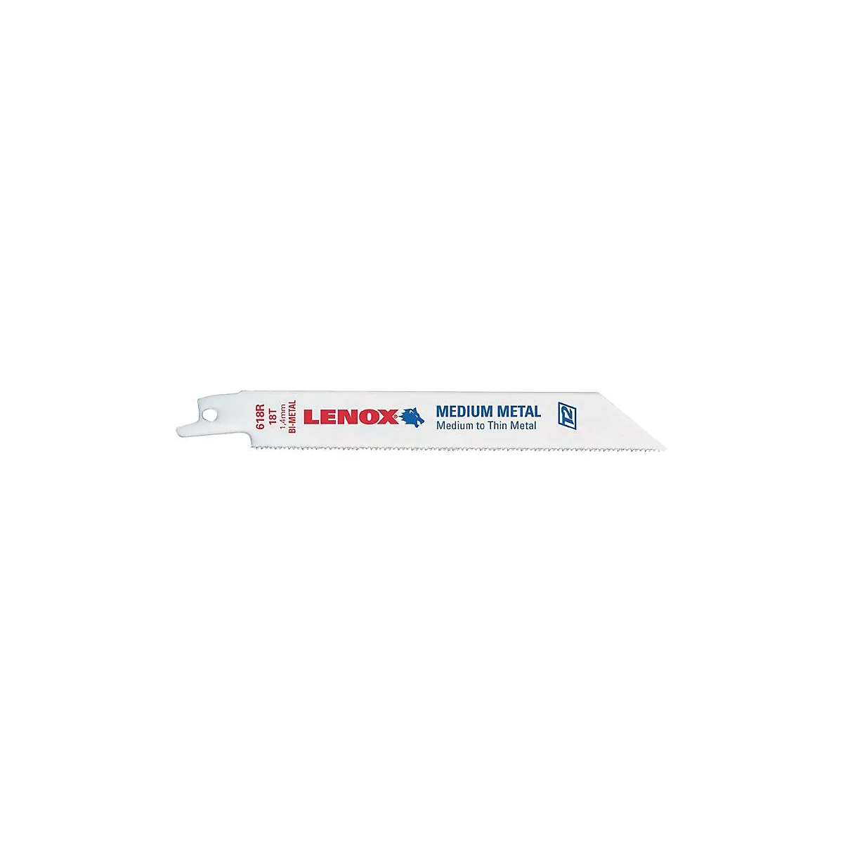 Lame de scie pour métal, blanche avec des lettres rouges et bleues, de Lenox. Inscription : 618R 18T 1,4mm Bi-Metal MEDIUM METAL.