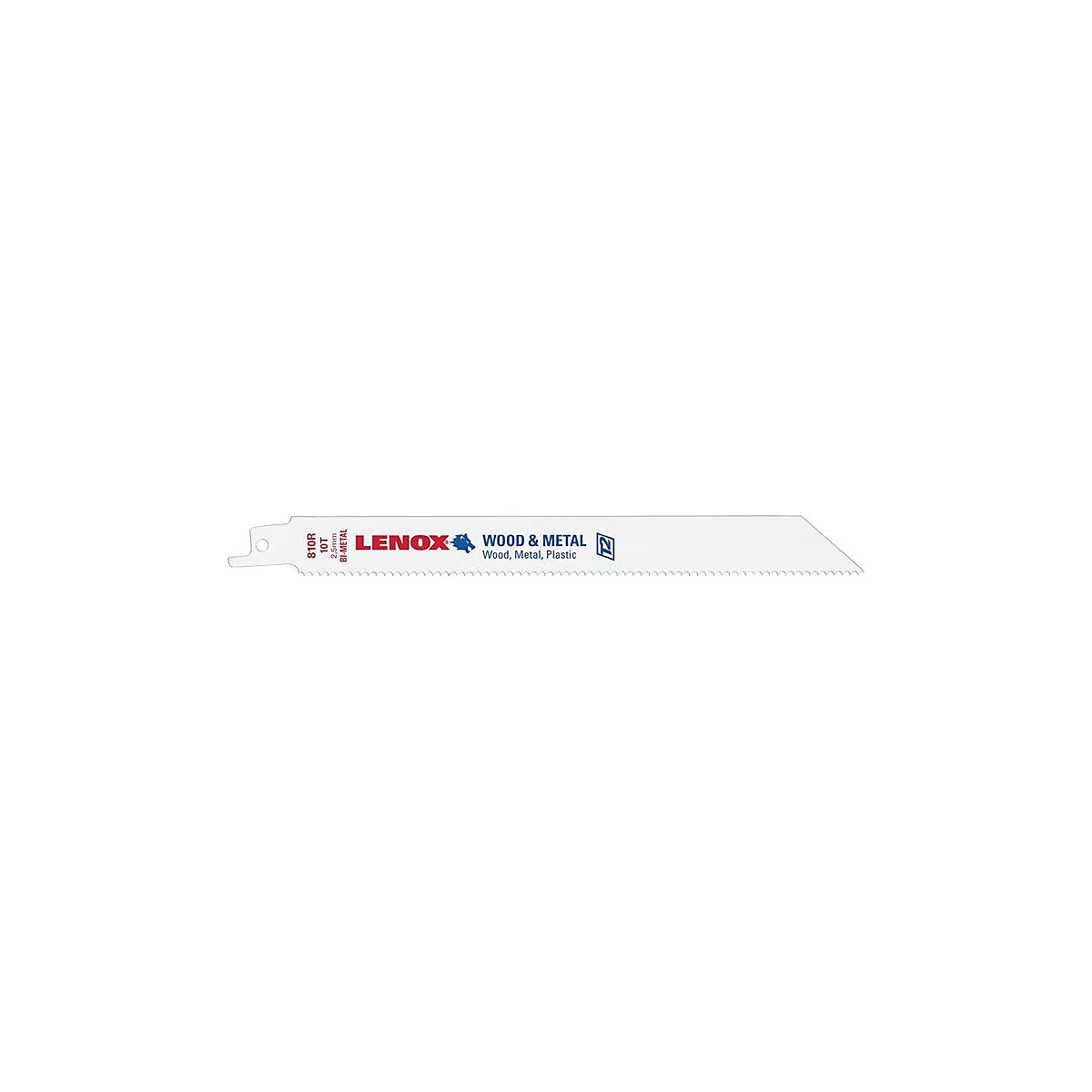 Lame de scie Lenox pour le bois et le métal. Lame blanche avec des dents, lettrage rouge, logos bleus.
