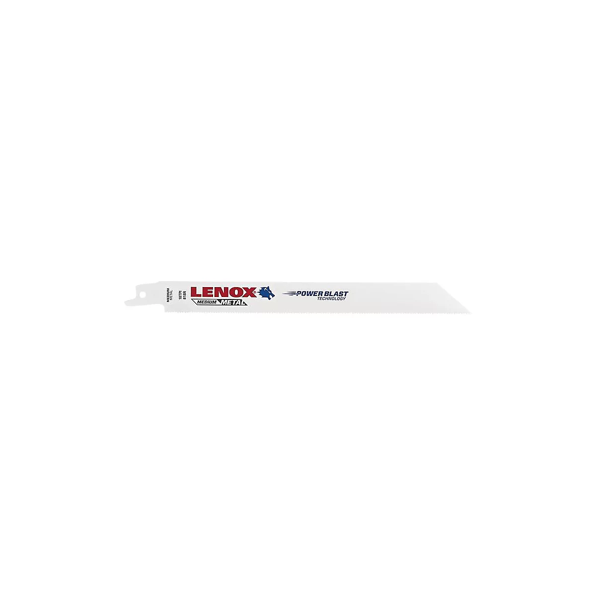 Lame de scie avec le logo "LENXOX", en rouge et symbole bleu foncé. Les mots "MEDIUM METAL" sont en dessous.