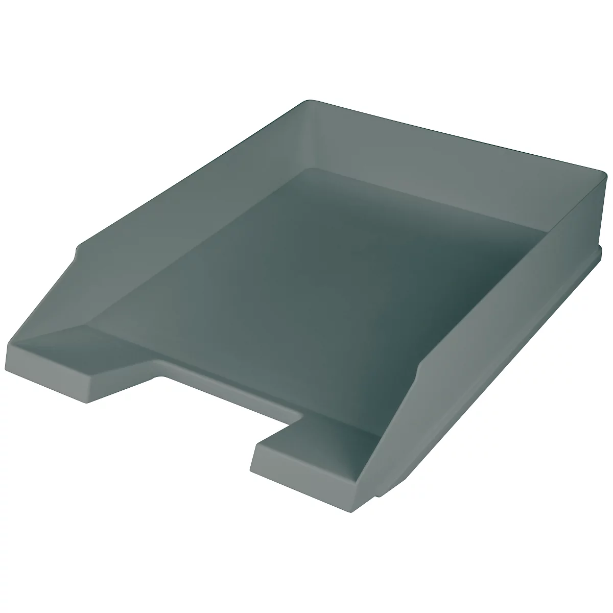 Gray, rectangular paper tray with slanted sides. A recess on the front.